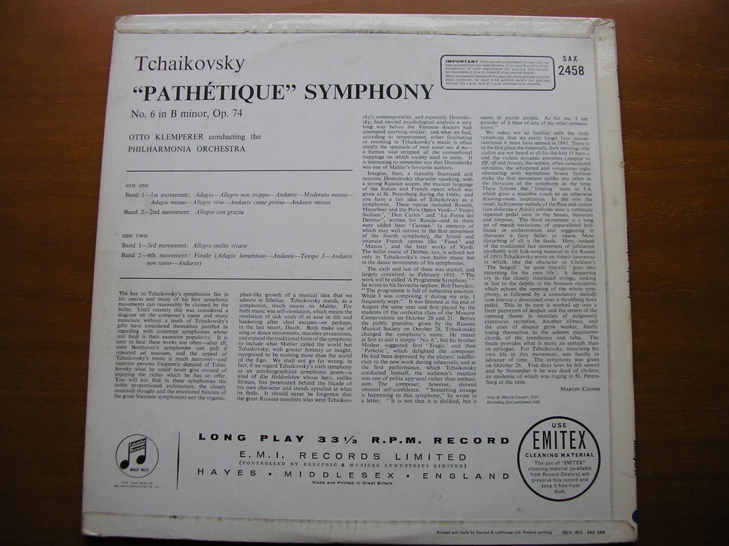 SAX 2458  TCHAIKOVSKY: SYMPHONY No. 6 'Pathetique'      PHILHARMONIA / KLEMPERER