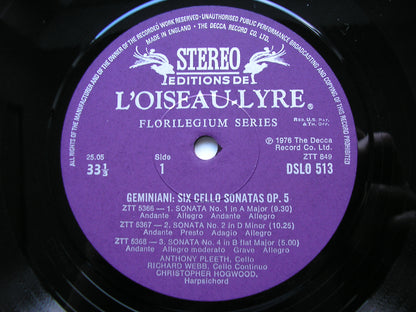 GEMINIANI: SIX CELLO SONATAS Op. 5      PLEETH / WEBB / HOGWOOD     DSLO 513