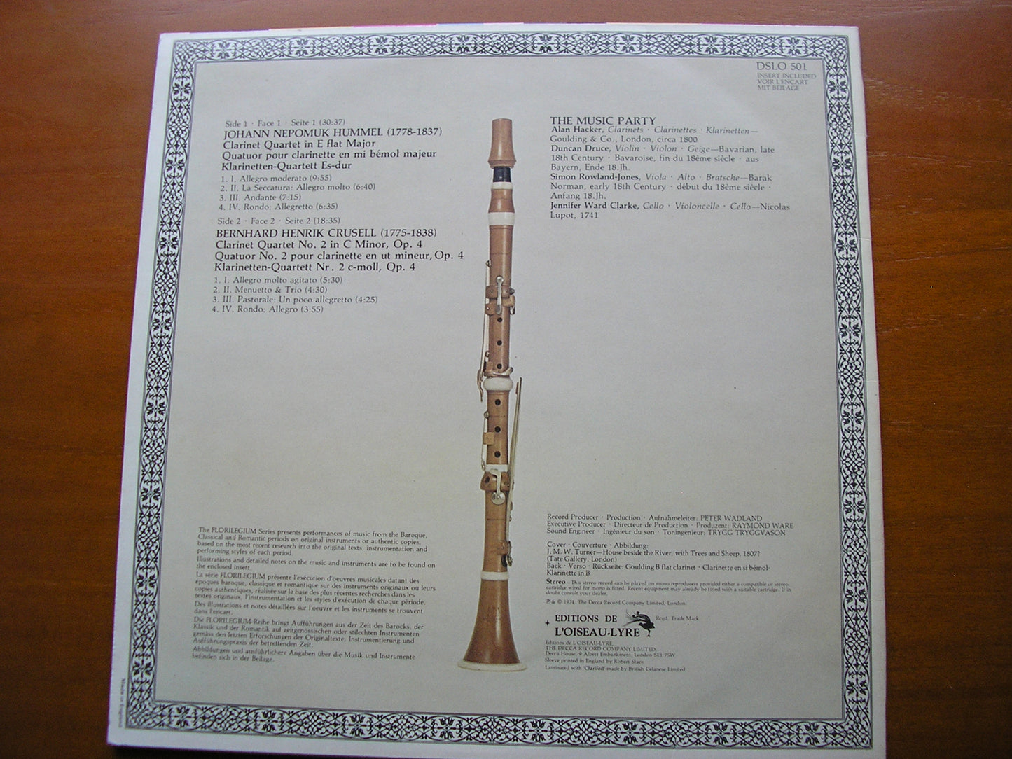 HUMMEL: CLARINET QUARTET / CRUSSELL: CLARINET QUARTET No. 2     THE MUSIC PARTY    DSLO 501