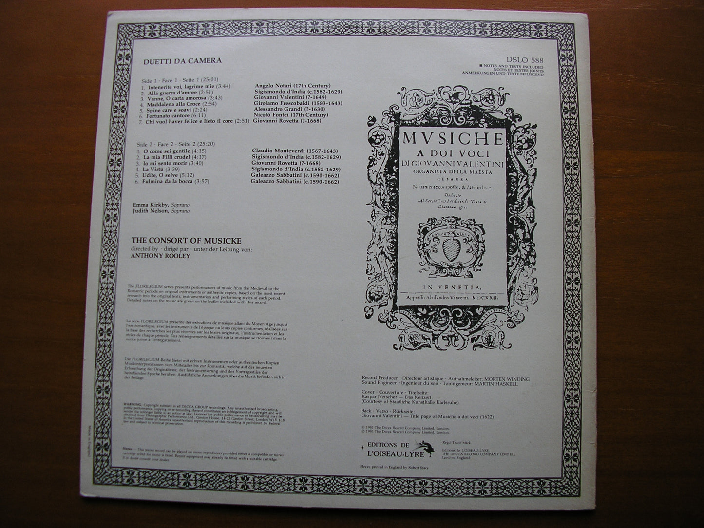 DUETTI DA CAMERA: NOTARI / d'INDIA / VALENTINI / FRESCOBALDI / ROVETTA / MONTEVERDI       KIRKBY / NELSON / THE CONSORT OF MUSICKE    DSLO 588