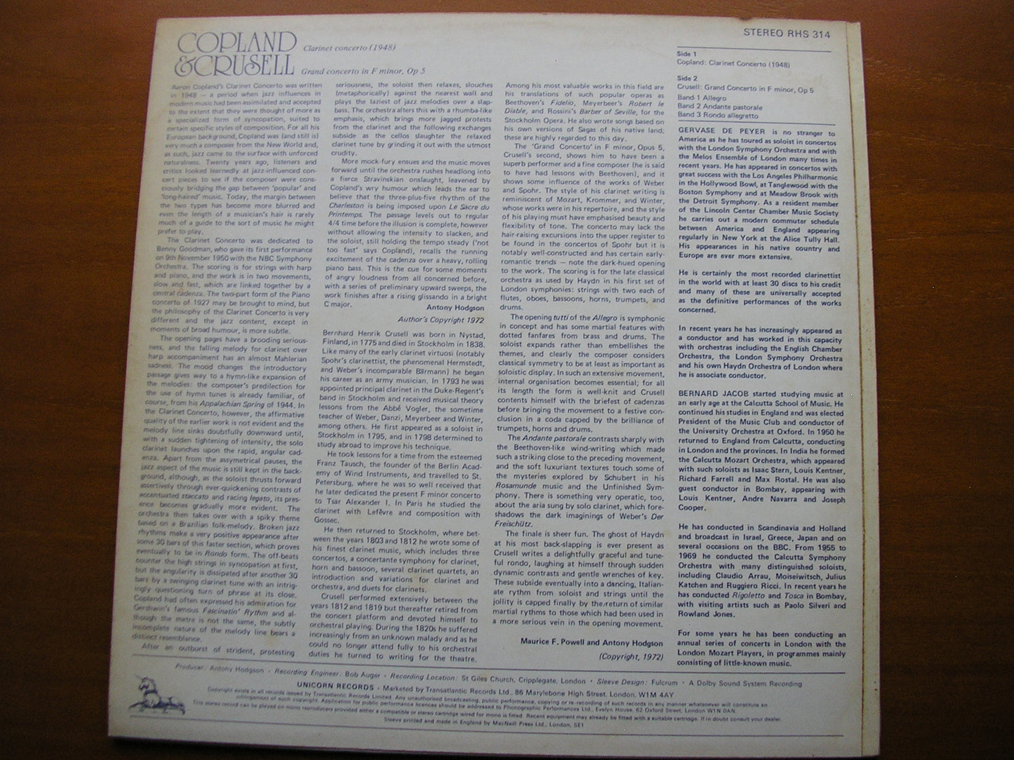 COPLAND: CLARINET CONCERTO / CRUSELL: GRAND CONCERTO in F      DE PEYER / LONDON MOZART PLAYERS / JACOB      RHS 314