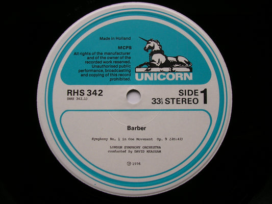 BARBER: SYMPHONY No. 1 / ESSAYS FOR ORCHESTRA Nos. 1 & 2 / NIGHT FLIGHT     MEASHAM / LONDON SYMPHONY     RHS 342