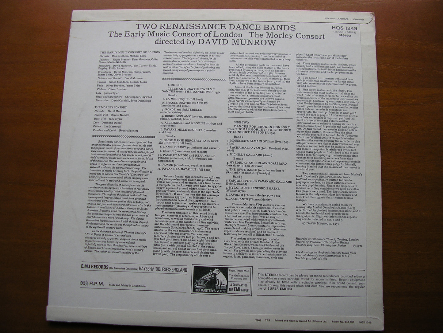 TWO RENAISSANCE DANCE BANDS   SUSATO: THE DANSERYE / MORLEY: THE FIRST BOOKE OF LESSONS     THE EARLY MUSIC CONSORT / THE MORLEY CONSORT / MUNROW   HQS 1249
