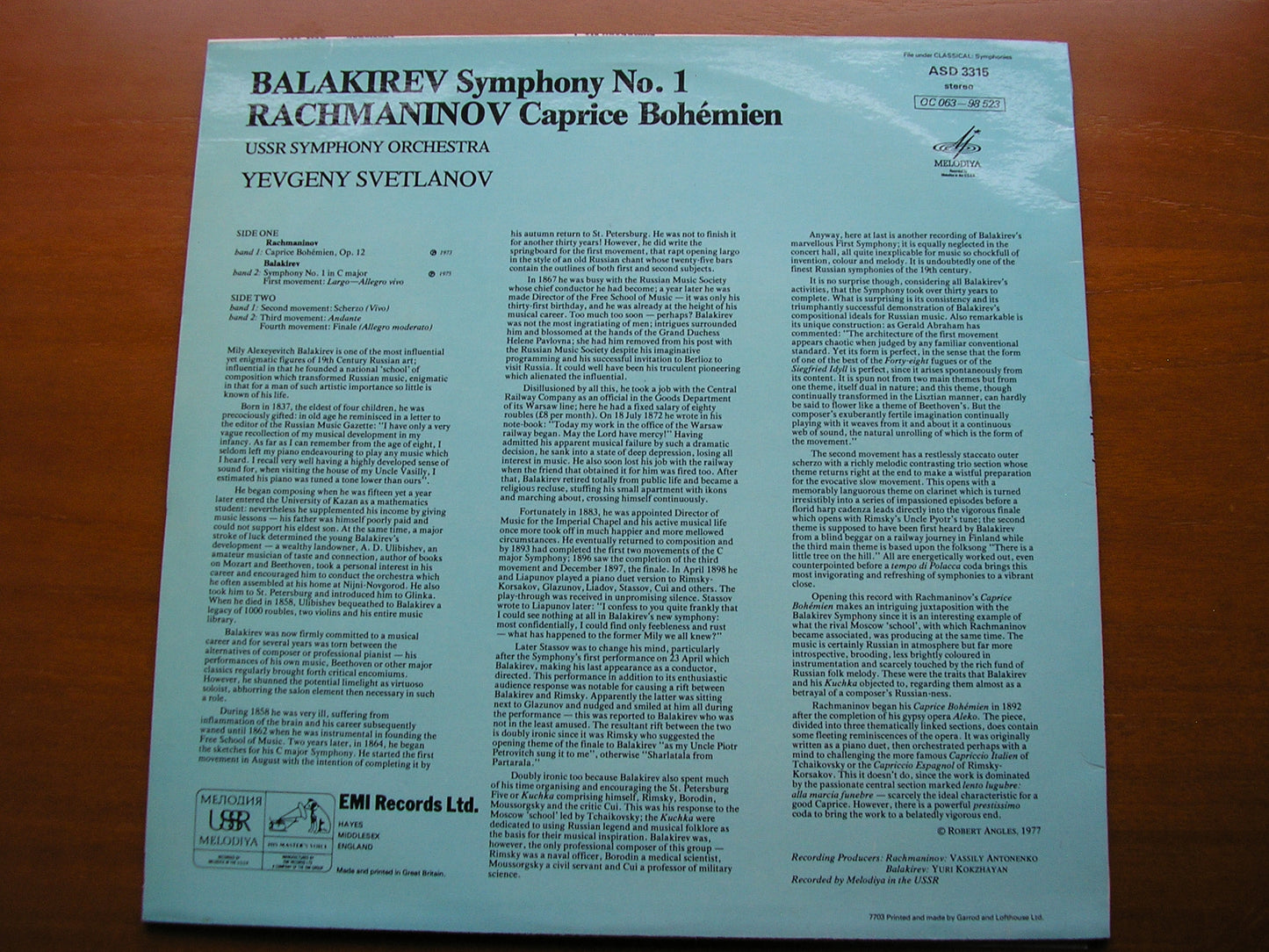 BALAKIREV: SYMPHONY No. 1 / RACHMANINOV: CAPRICE BOHEMIEN      USSR SYMPHONY / SVETLANOV     ASD 3315