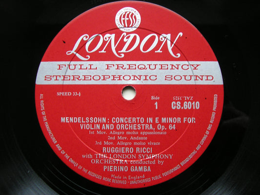 MENDELSSOHN & BRUCH: VIOLIN CONCERTOS     RICCI / LONDON SYMPHONY / GAMBA     CS 6010