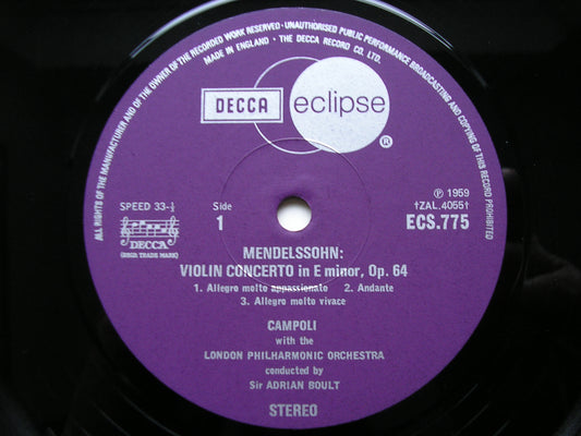 MENDELSSOHN & BRUCH: VIOLIN CONCERTOS     CAMPOLI / LONDON PHILHARMONIC / BOULT     ECS 775