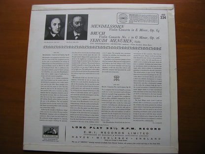 MENDELSSOHN & BRUCH: VIOLIN CONCERTOS      MENUHIN / PHILHARMONIA / SUSSKIND / KURZ      ASD 334