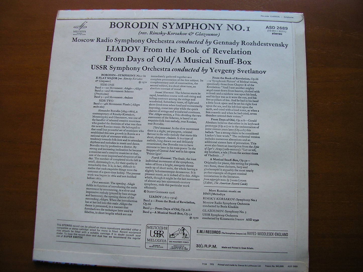 BORODIN: SYMPHONY No. 1 / LIADOV: ORCHESTRAL WORKS     ROZHDESTVENSKY / MRSO / SVETLANOV / USSR SYMPHONY    ASD 2689