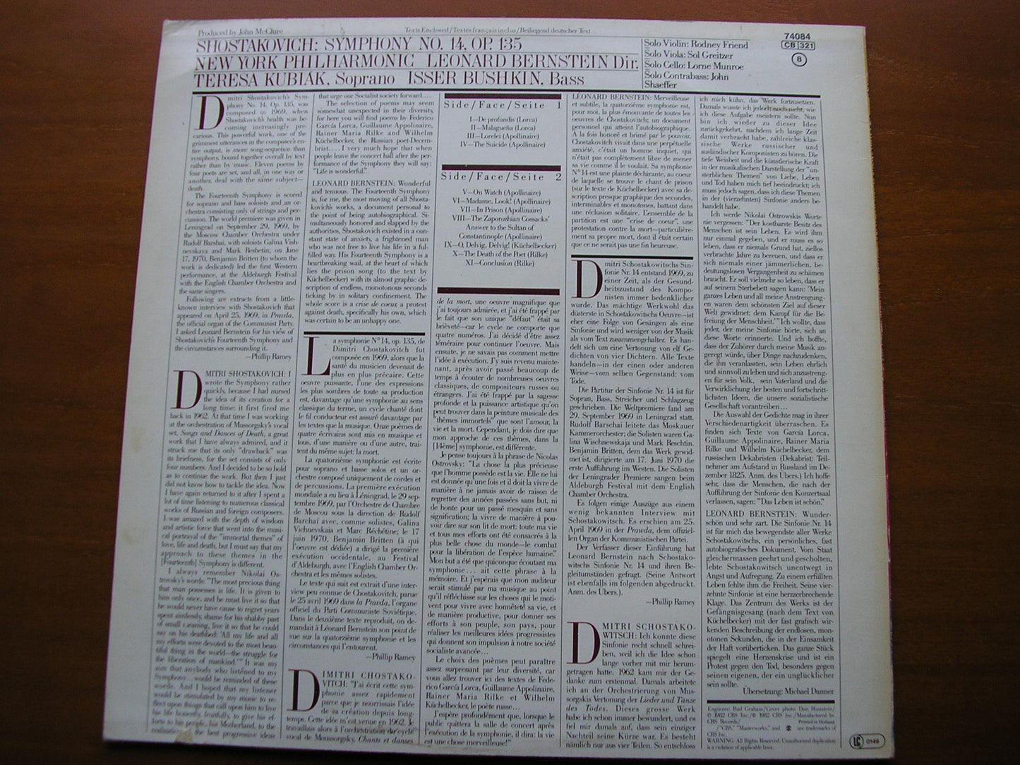 SHOSTAKOVICH: SYMPHONY No. 14     BERNSTEIN / NEW YORK PHILHARMONIC       74084