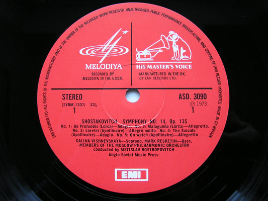 SHOSTAKOVICH: SYMPHONY No. 14     VISHNEVSKAYA / RESHETIN / MOSCOW PHILHARMONIC / ROSTROPOVICH      ASD 3090