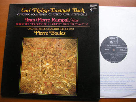 C P E BACH: FLUTE CONCERTO / CELLO CONCERTO    RAMPAL / BEX / DREYFUS / CHAMBER ORCHESTRA / BOULEZ     HM 545