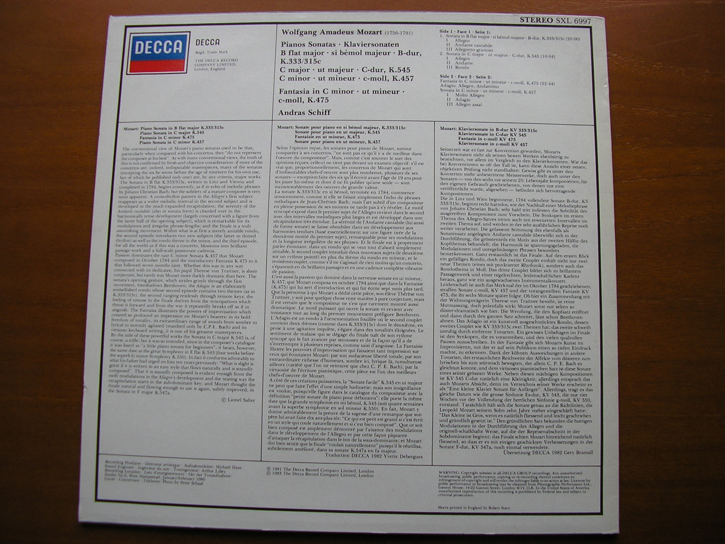 MOZART: PIANO SONATAS K333 / K457 / K545 / FANTASIA K475     ANDRAS SCHIFF      SXL 6997