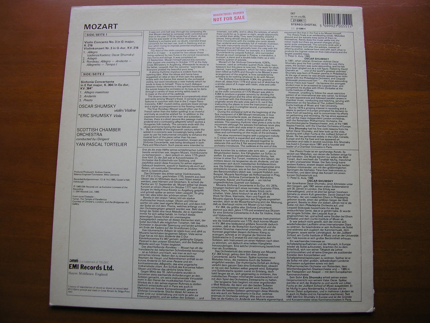 MOZART: VIOLIN CONCERTO No. 3 / SINFONIA CONCERTANTE K364     OSCAR & ERIC SHUMSKY / SCOTTISH CHAMBER ORCHESTRA / TORTELIER       27 0355