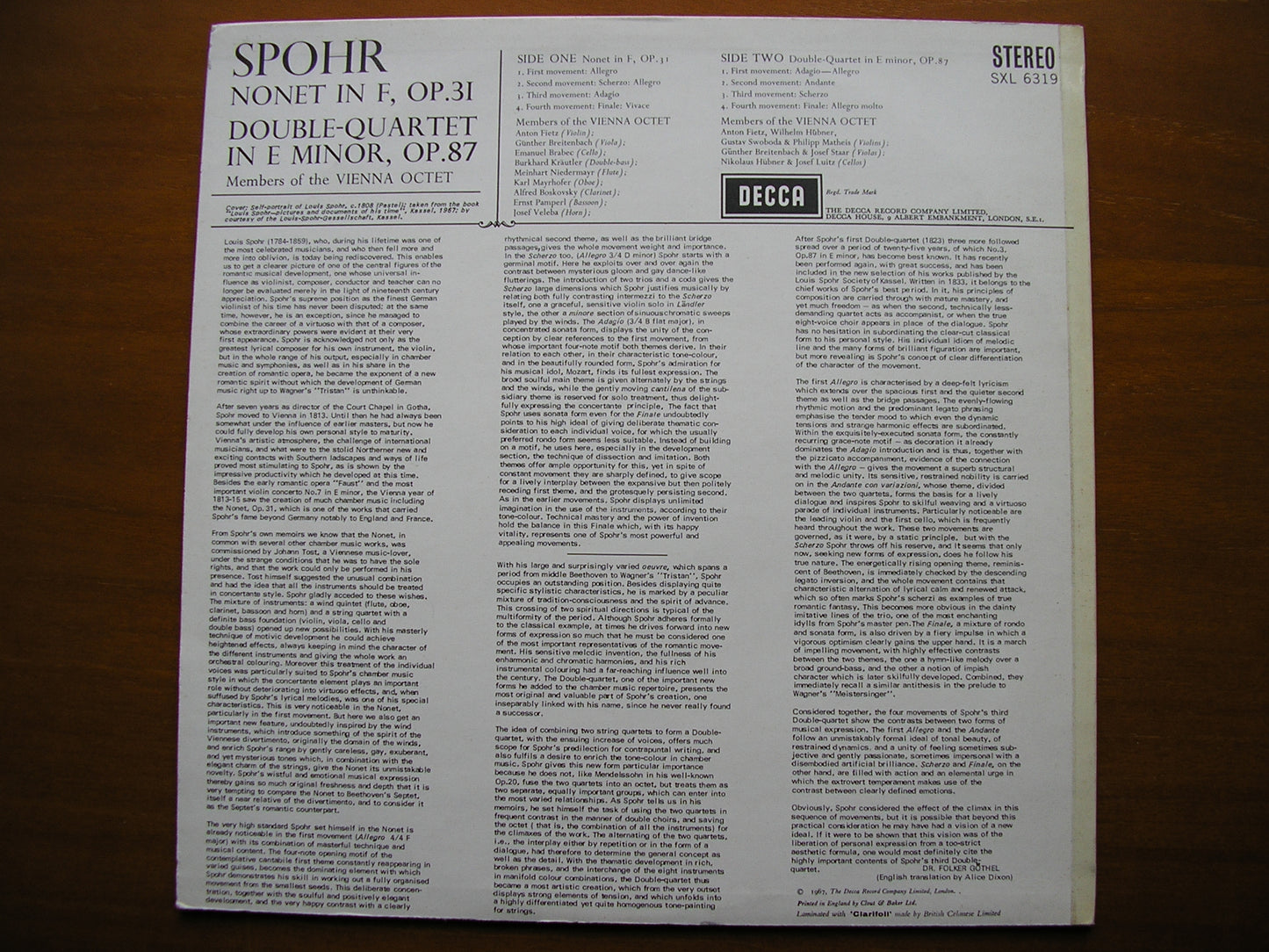 SXL 6319  SPOHR: NONET in F / DOUBLE QUARTET in E     MEMBERS OF THE VIENNA OCTET     ED2