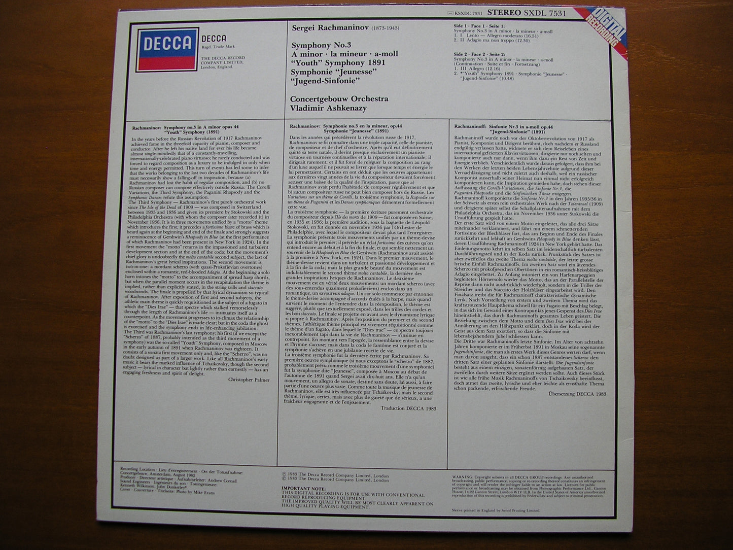 RACHMANINOV: SYMPHONY No. 3 / YOUTH SYMPHONY (1891)      ASHKENAZY / CONCERTGEBOUW      SXDL 7531