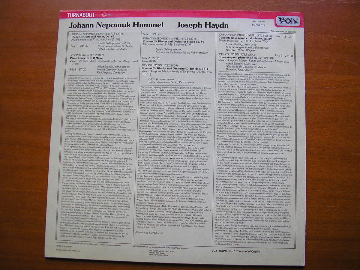 HUMMEL: PIANO CONCERTO / HAYDN: PIANO CONCERTO     GALLING / BRENDEL / VCO / ISO / WAGNER / ANGERER    TV 334 073