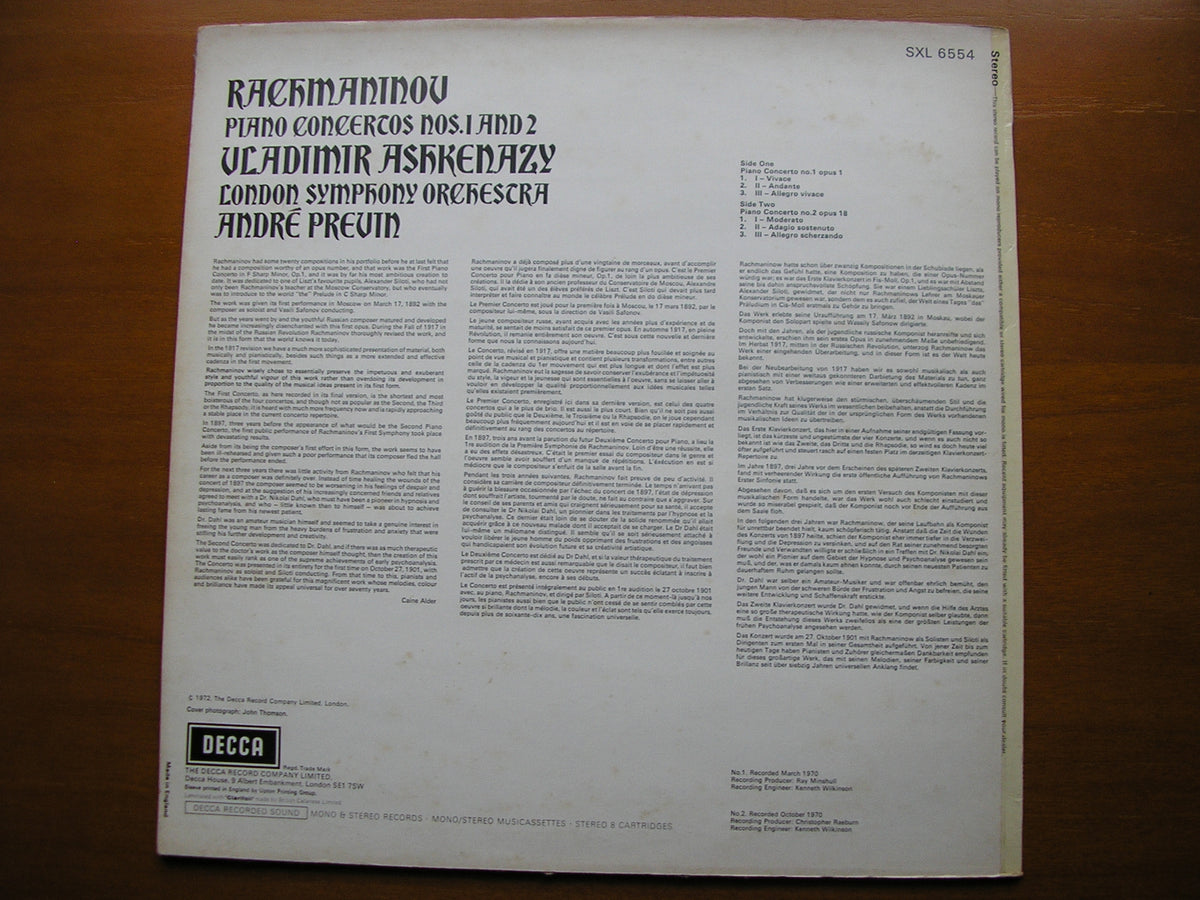 RACHMANINOV: PIANO CONCERTOS Nos. 1 & 2    ASHKENAZY / LONDON SYMPHONY / PREVIN    SXL 6554