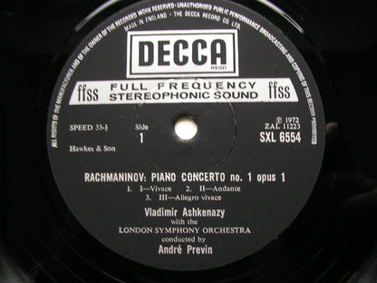RACHMANINOV: PIANO CONCERTOS Nos. 1 & 2    ASHKENAZY / LONDON SYMPHONY / PREVIN    SXL 6554