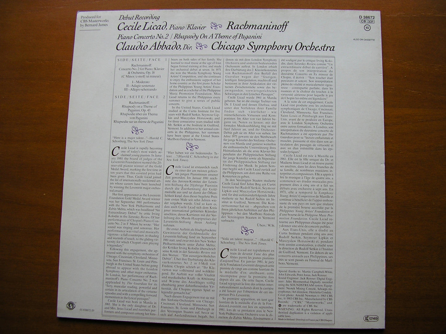 RACHMANINOV: PIANO CONCERTO No. 2     LICAD / CHICAGO SYMPHONY / ABBADO    D 38672