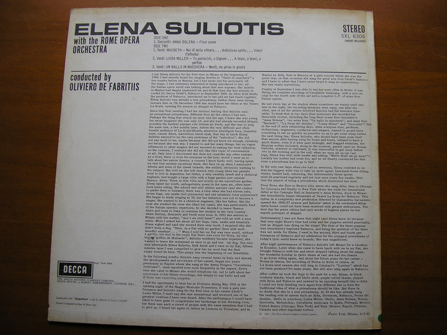 SXL 6306  ELENA SULIOTIS SINGS DONIZETTI & VERDI     ROME OPERA ORCHESTRA / DE FABRITIIS    ED2
