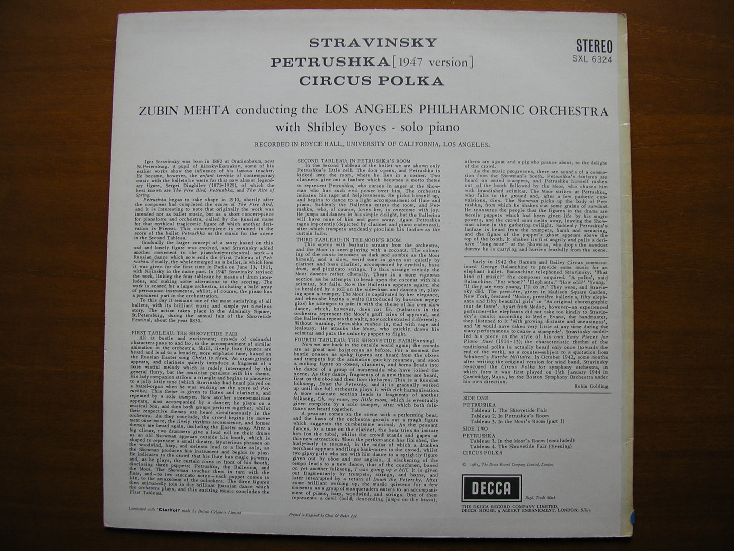 SXL 6324  STRAVINSKY: PETRUSHKA / CIRCUS POLKA     MEHTA / LOS ANGELES PHILHARMONIC    ED1