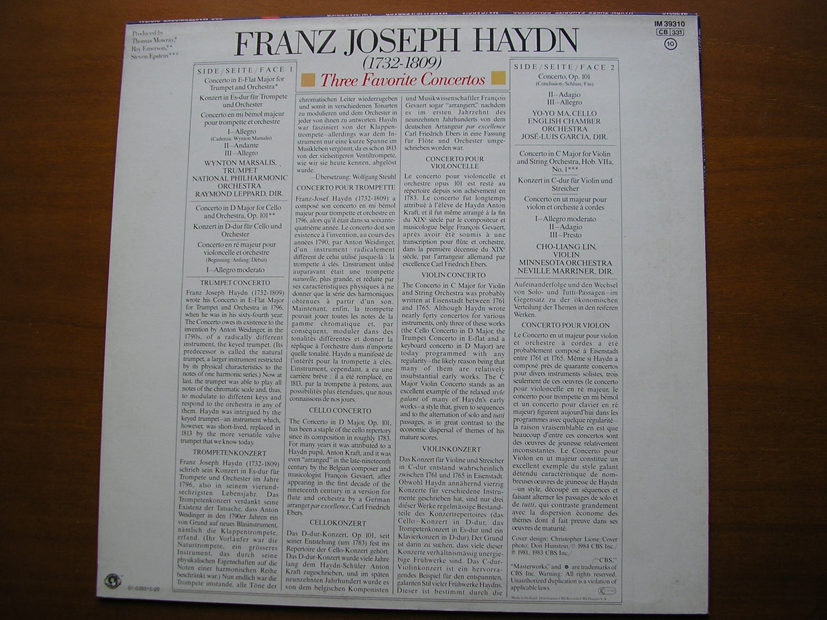 HAYDN: THREE CONCERTOS     YO-YO MA / CHO-LIANG LIN / WYNTON MARSALIS    IM 39310