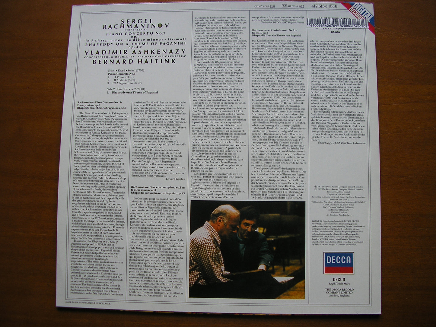 RACHMANINOV: PIANO CONCERTO No. 1 / RHAPSODY      ASHKENAZY / CONCERTGEBOUW / HAITINK      417 613