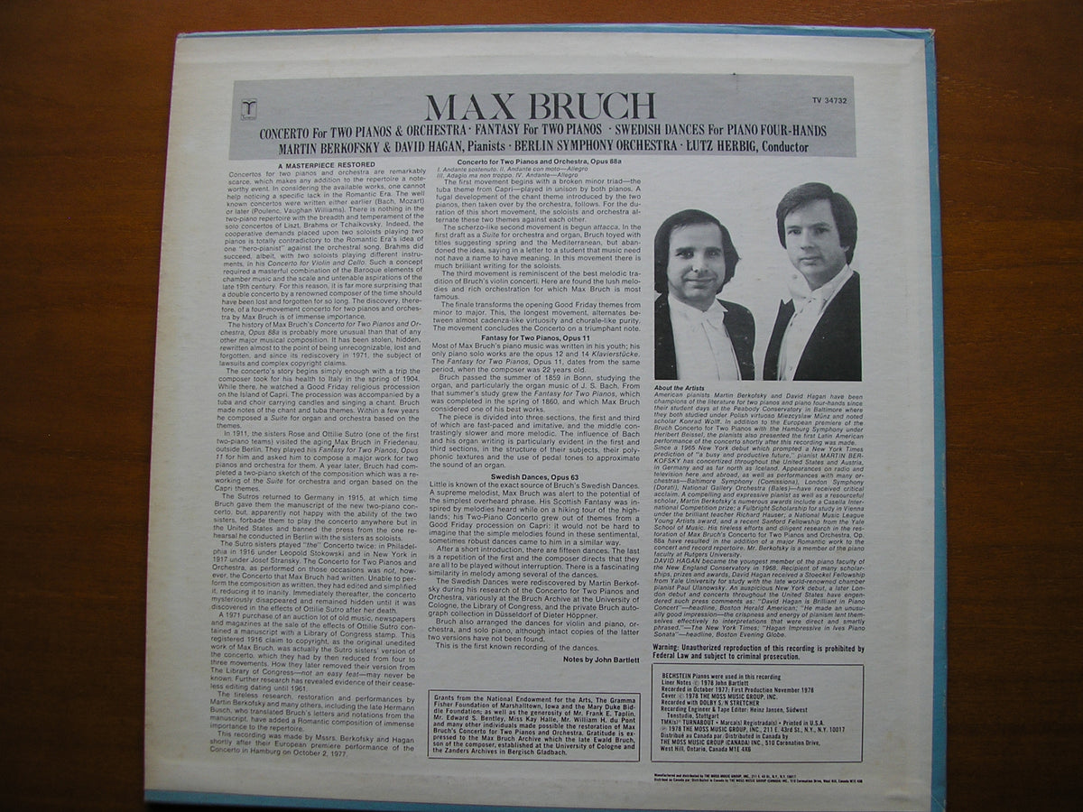 BRUCH: CONCERTO FOR TWO PIANOS / SWEDISH DANCES     SOLOISTS / BERLIN SYMPHONY / HERBIG       TV 34732
