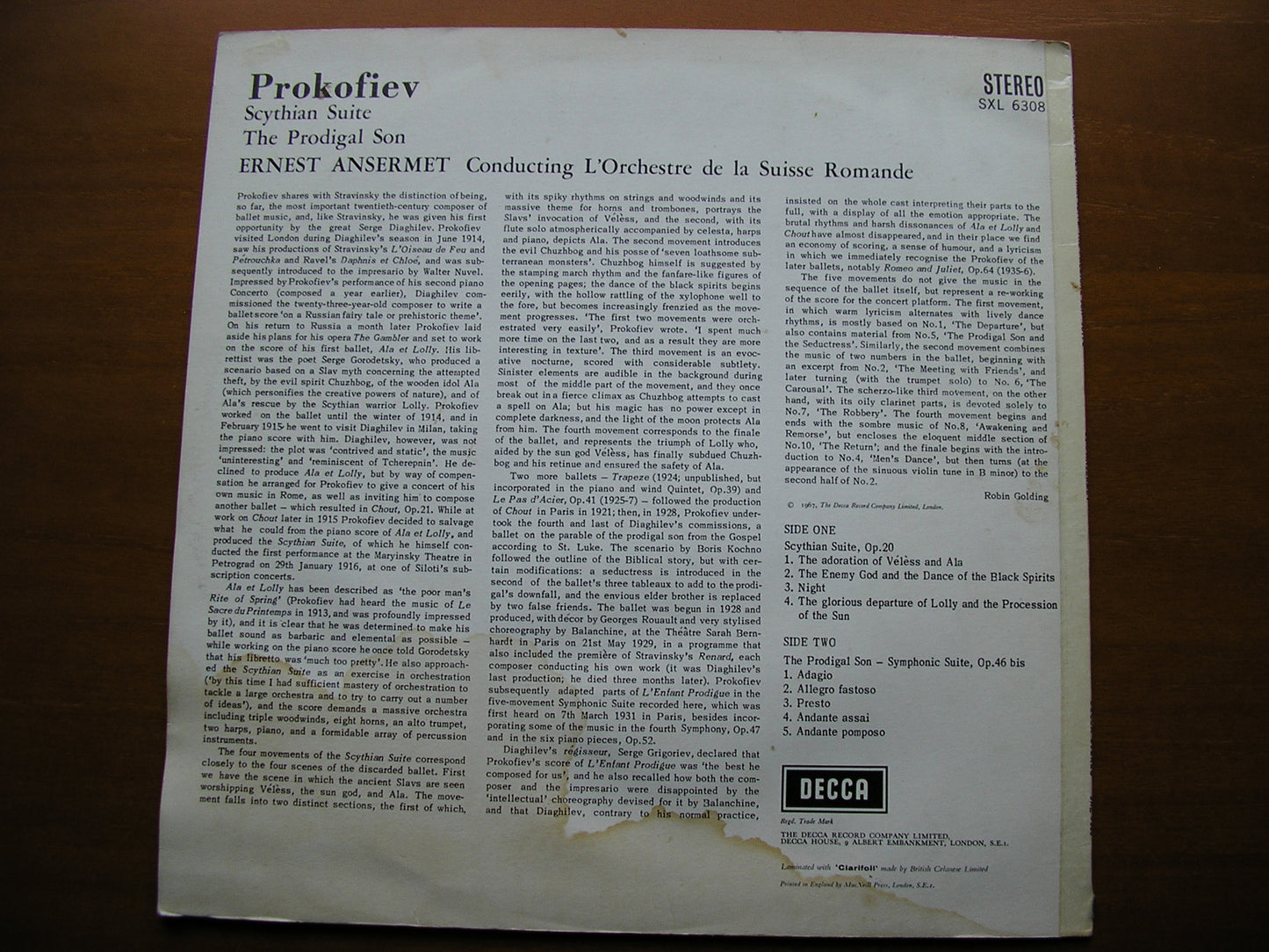 SXL 6308 PROKOFIEV: SCYTHIAN SUITE / THE PRODIGAL SON ballet music    ANSERMET / SUISSE ROMANDE    ED2