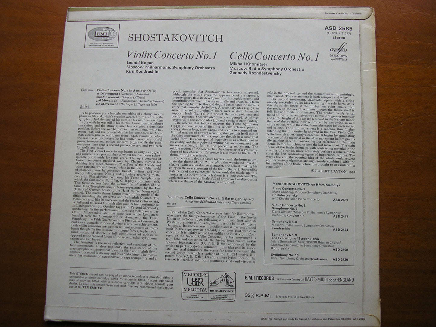 SHOSTAKOVICH: VIOLIN CONCERTO / CELLO CONCERTO KOGAN / KHOMITSER / MRSO / KONDRASHIN ASD 2585