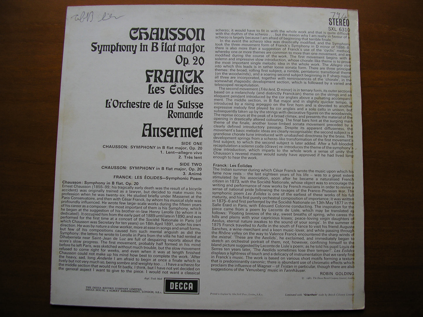 SXL 6310  CHAUSSON: SYMPHONY in B  / FRANCK: LES EOLIDES      ANSERMET / SUISSE ROMANDE    ED3