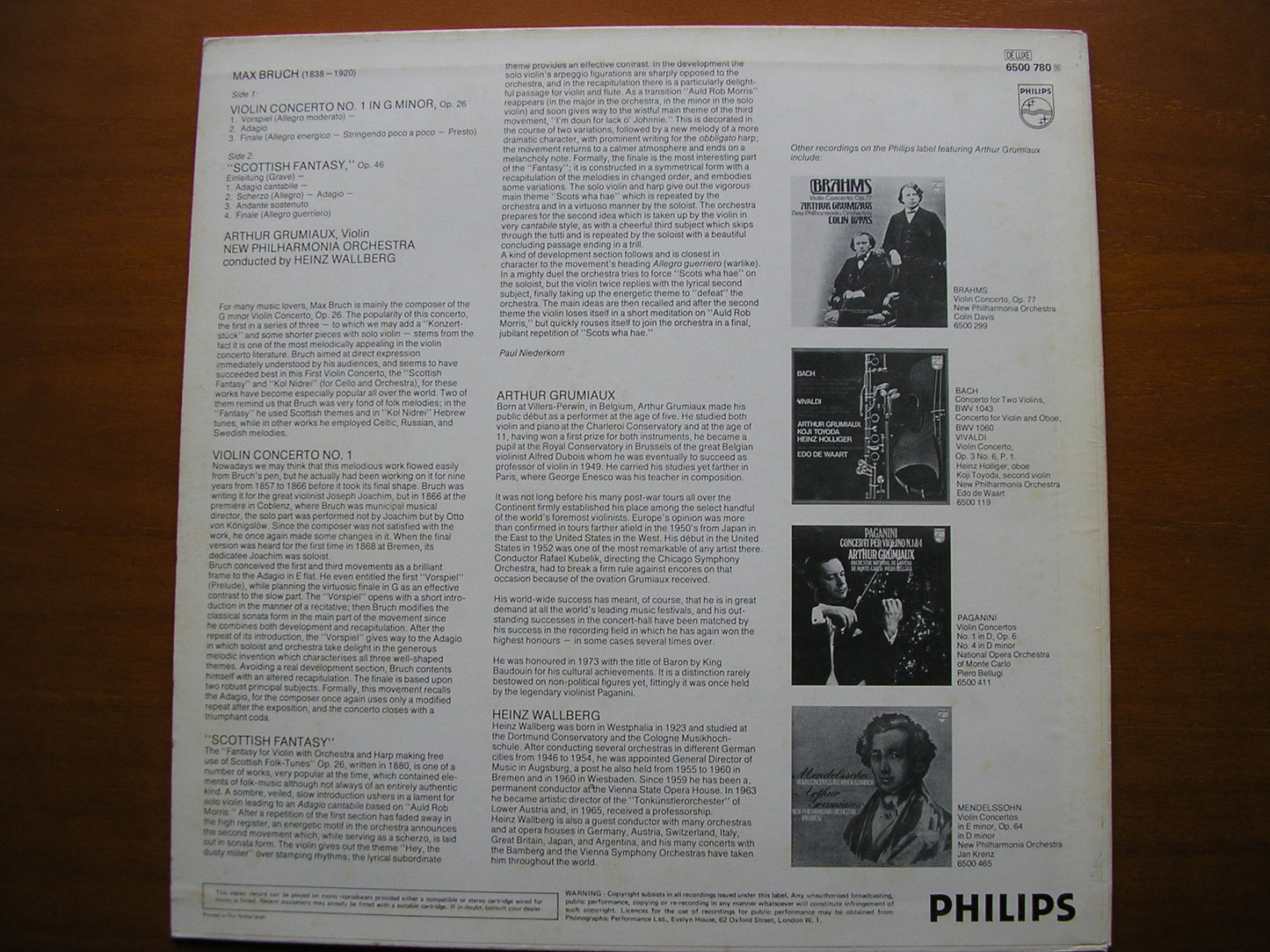 BRUCH: VIOLIN CONCERTO No. 1 / SCOTTISH FANTASY       GRUMIAUX / NEW PHILHARMONIA / WALLBERG     6500 780