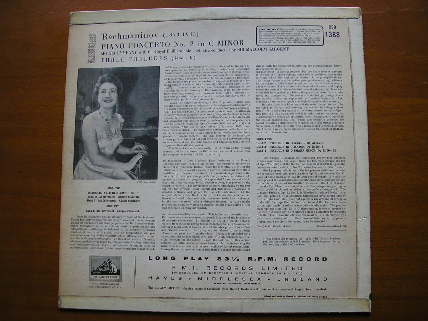 RACHMANINOV: PIANO CONCERTO No. 2      LYMPANY / ROYAL PHILHARMONIC / SARGENT    CSD 1388