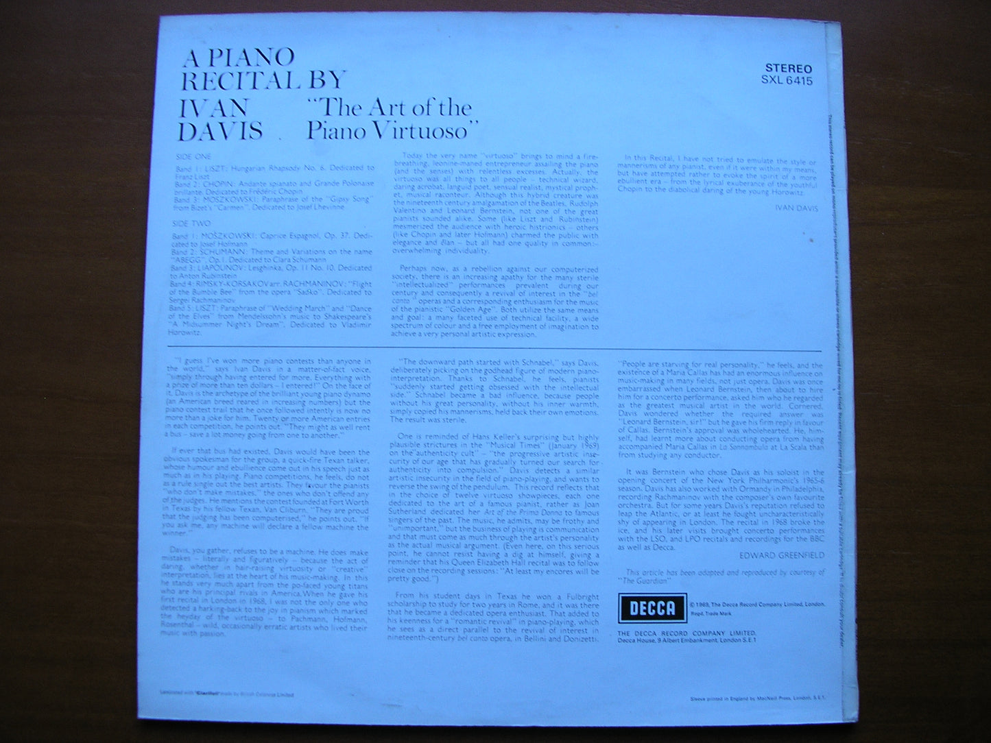 SXL 6415 A PIANO RECITAL BY IVAN DAVIS: LISZT / CHOPIN / MOSZKOWSKI / SCHUMANN / RIMSKY-KORSAKOV      ED3