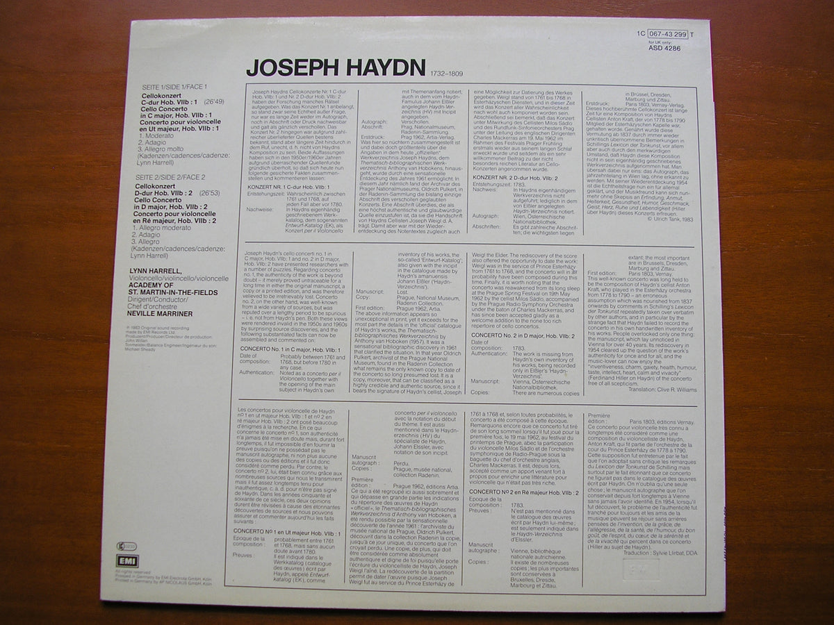 HAYDN: CELLO CONCERTOS in  C  &  D       HARRELL / ASMIF / MARRINER       ASD 4286