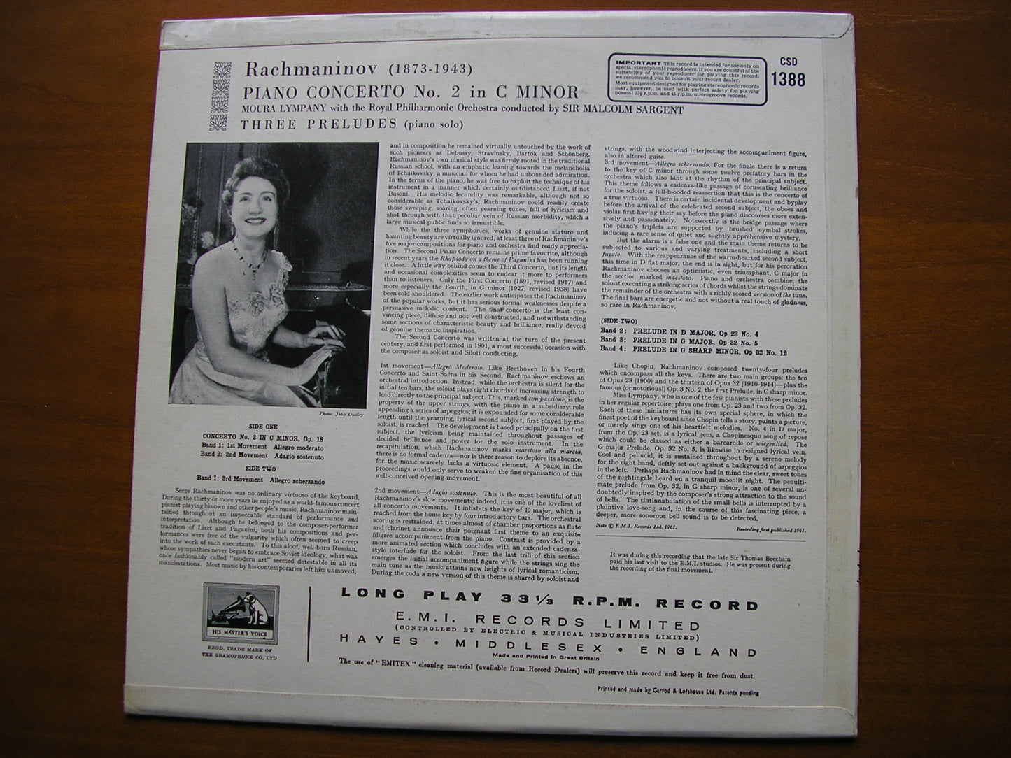 RACHMANINOV: PIANO CONCERTO No. 2     LYMPANY / ROYAL PHILHARMONIC / SARGENT    CSD 1388