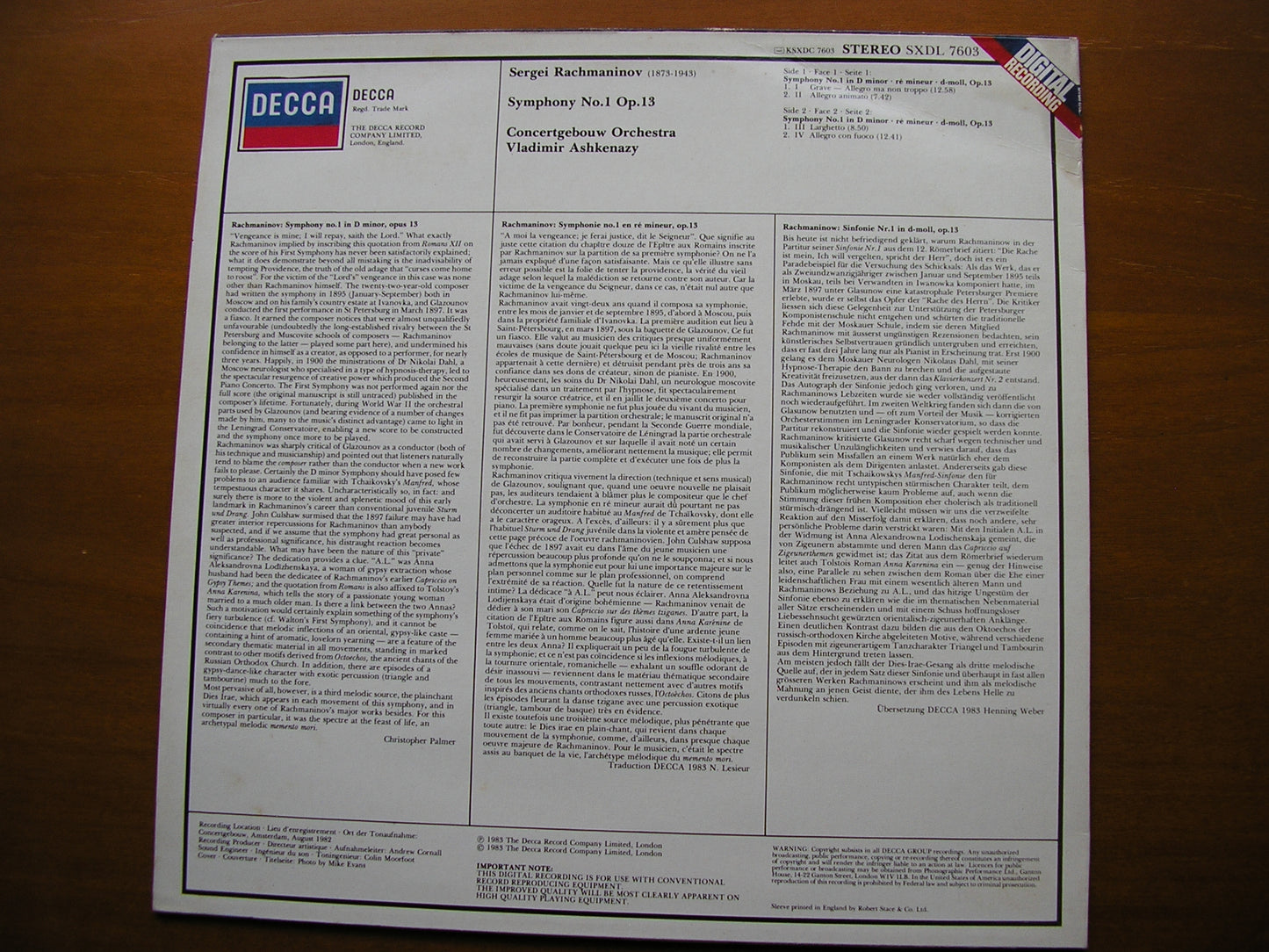 RACHMANINOV: SYMPHONY No. 1       ASHKENAZY / CONCERTGEBOUW ORCHESTRA    SXDL 7603