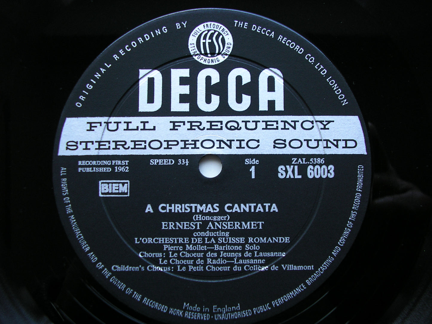 SXL 6003  HONEGGER: A CHRISTMAS CANTATA / SYMPHONY FOR STRINGS     ANSERMET / SUISSE ROMANDE     ED 1