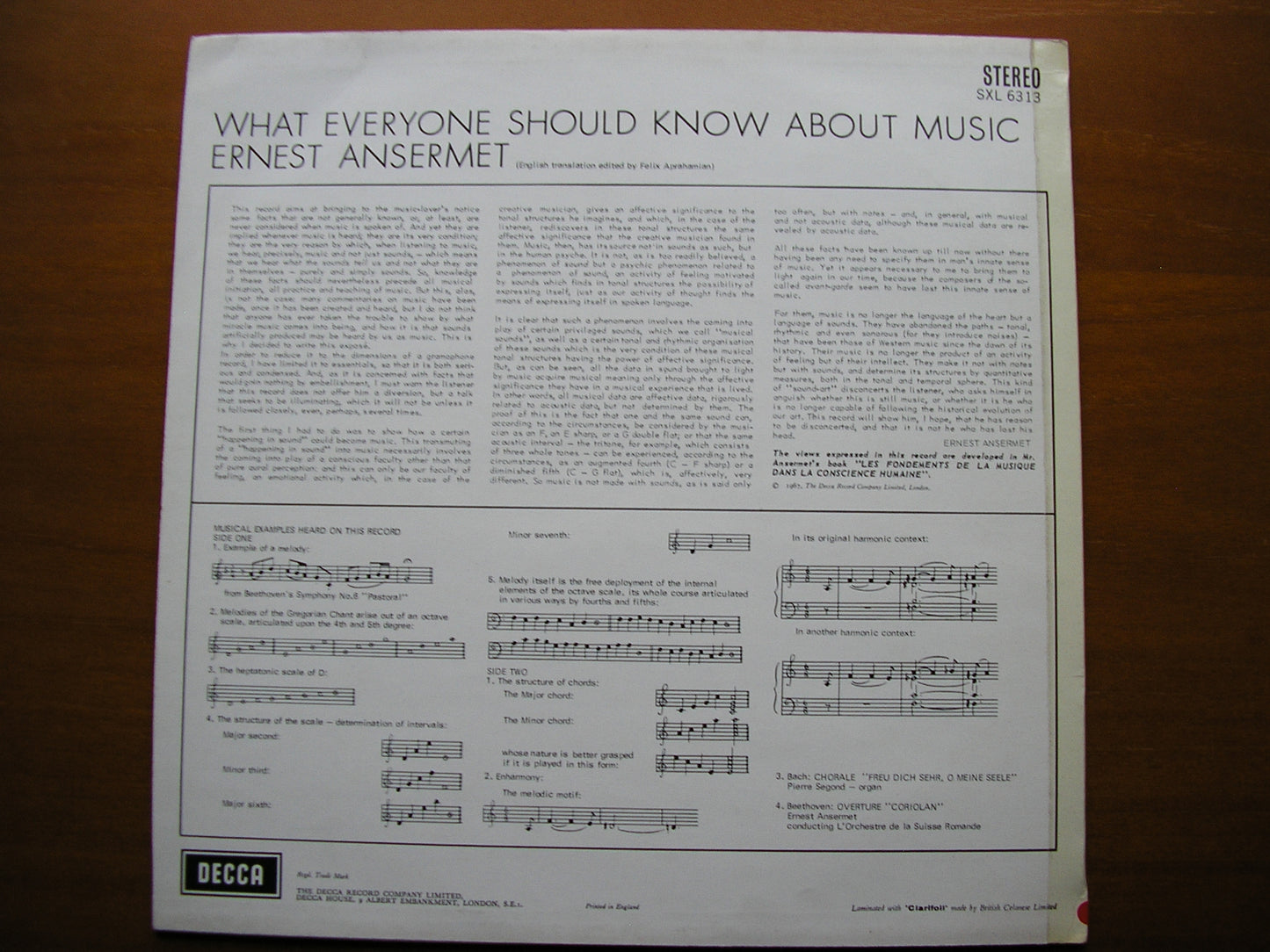 SXL 6313  WHAT EVERYONE SHOULD KNOW ABOUT MUSIC    ILLUSTRATED TALK BY ERNEST ANSERMET    ED3
