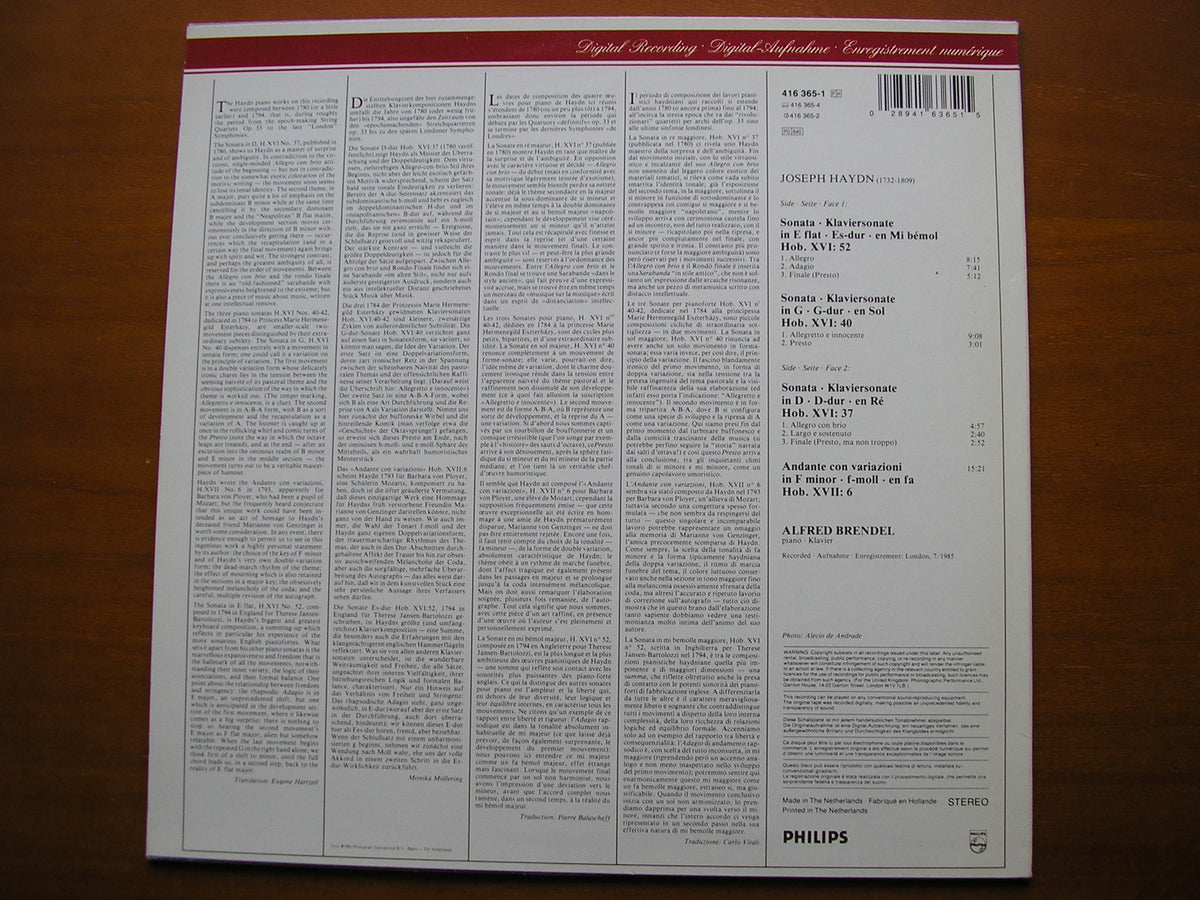 HAYDN: THREE PIANO SONATAS / ANDANTE CON VARIAZIONI         BRENDEL       416 365