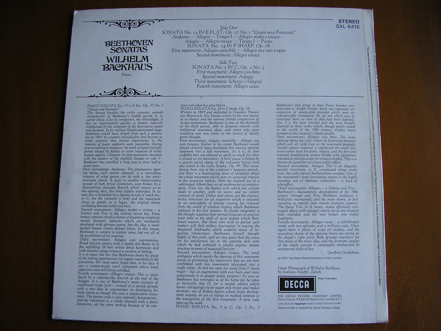 SXL 6416 BEETHOVEN:PIANO SONATAS Nos. 3 / 13 / 24      WILHELM BACKHAUS      ED3