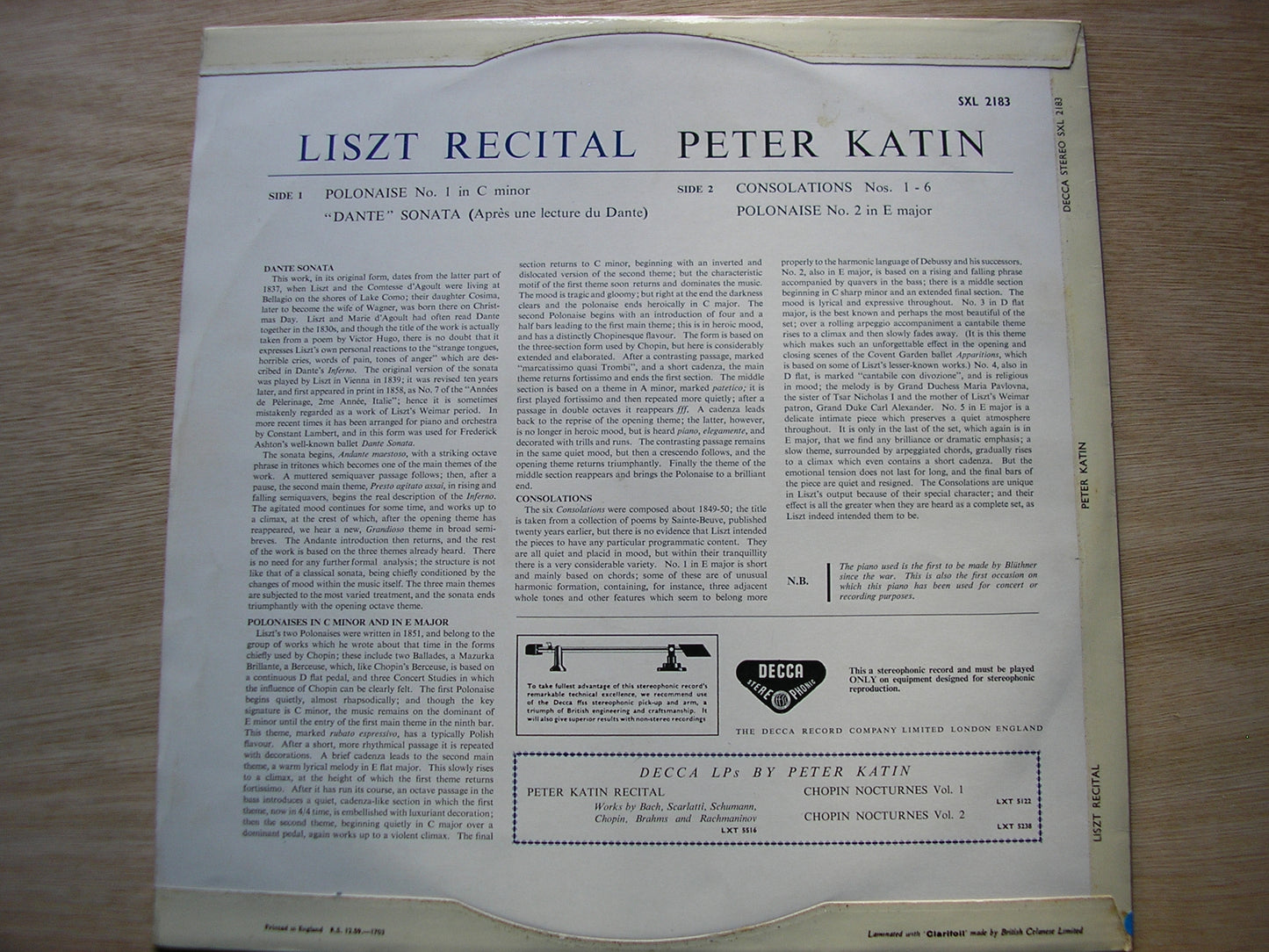 LISZT: PIANO MUSIC     PETER KATIN     SXL 2183