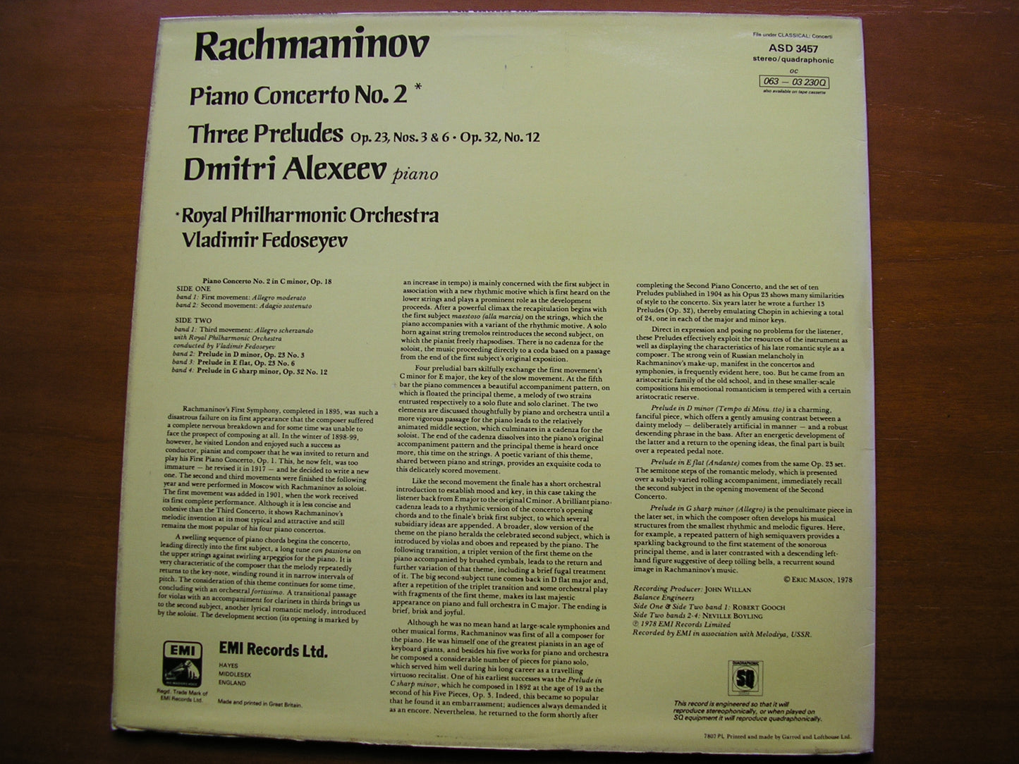 RACHMANINOV: PIANO CONCERTO No. 2      ALEXEEV / ROYAL PHILHARMONIC / FEDOSEYEV     ASD 3457