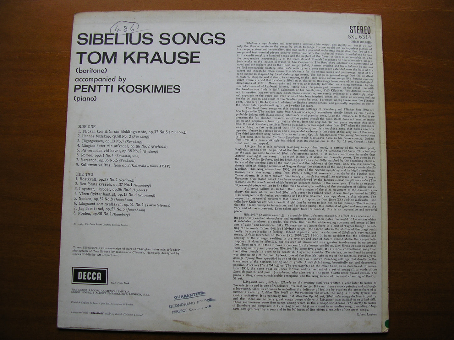 SXL 6314  SIBELIUS: SONGS     TOM KRAUSE / PENTTI KOSKIMIES   ED2