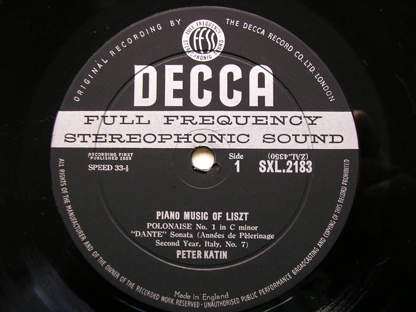 LISZT: PIANO MUSIC     PETER KATIN     SXL 2183