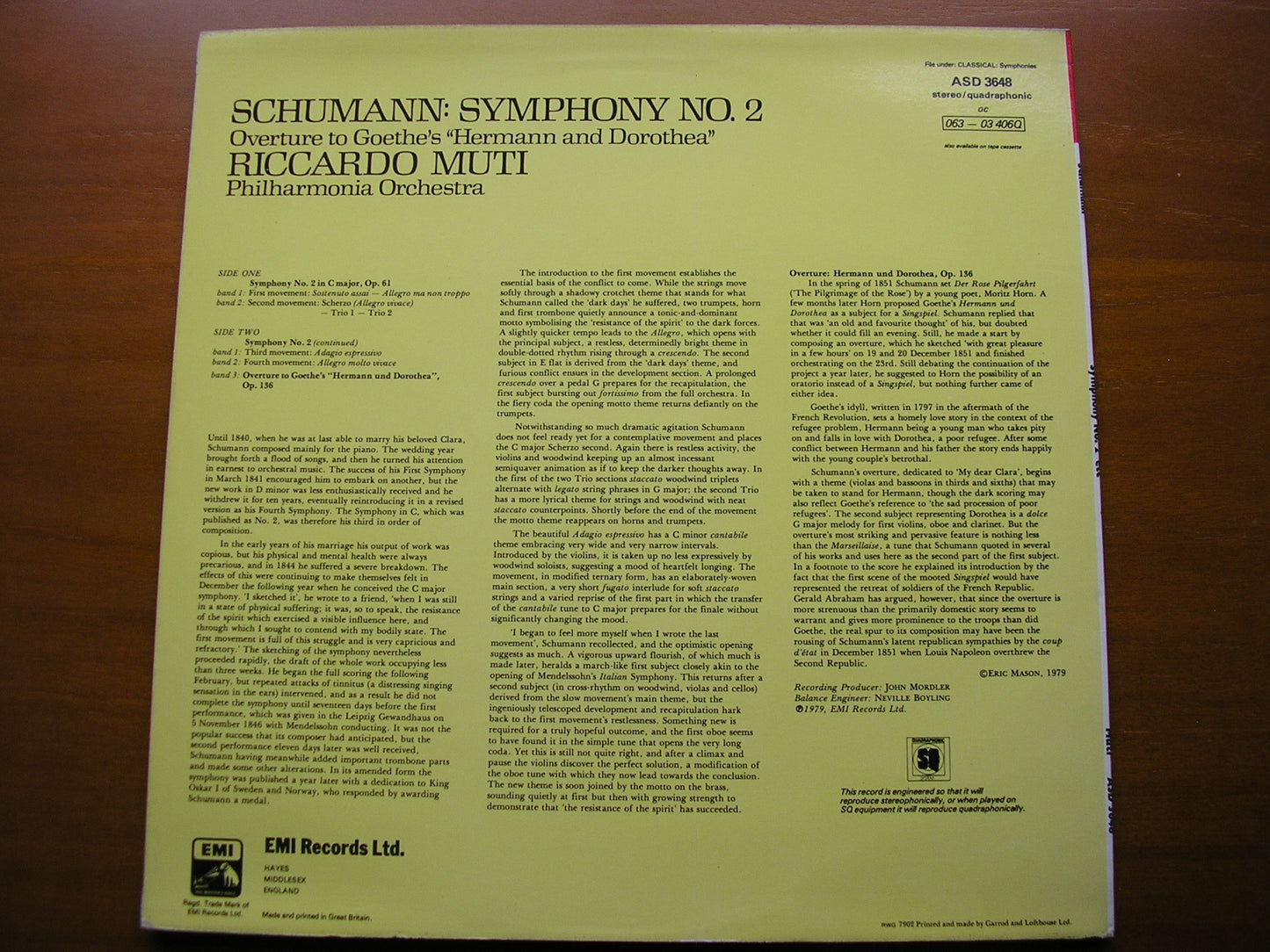 SCHUMANN: SYMPHONY No. 2 / OVERTURE Hermann & Dorothea        MUTI / PHILHARMONIA      ASD 3648