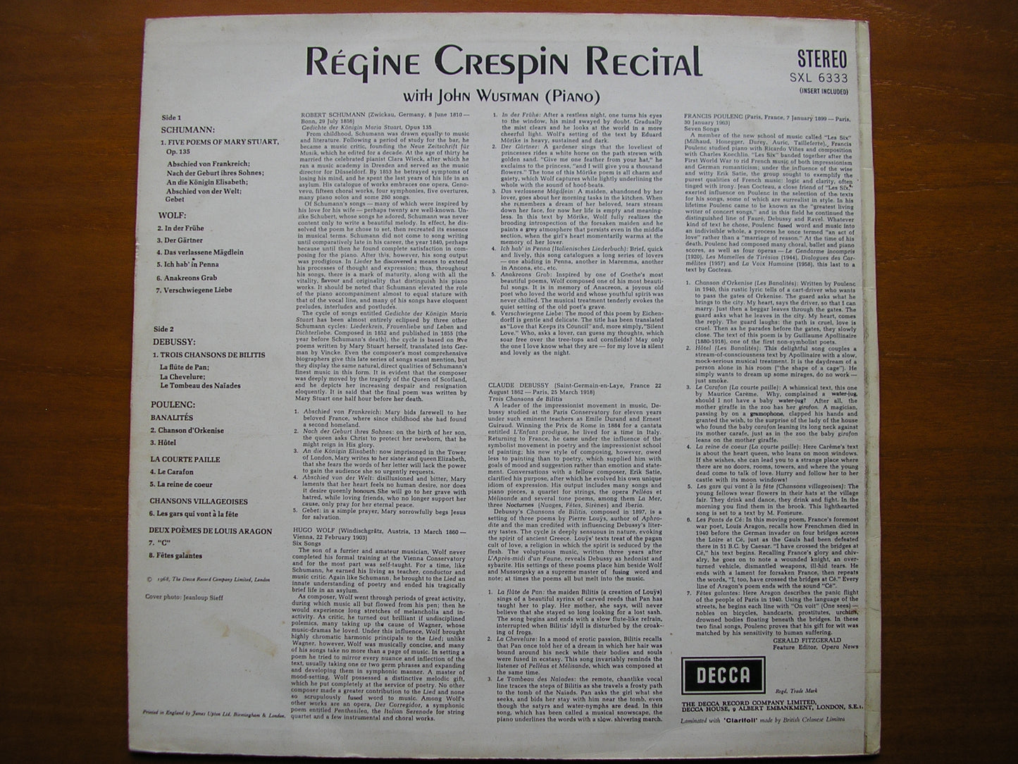 REGINE CRESPIN SONG RECITAL: POULENC / DEBUSSY / WOLF / SCHUMANN        CRESPIN / WUSTMAN      SXL 6333