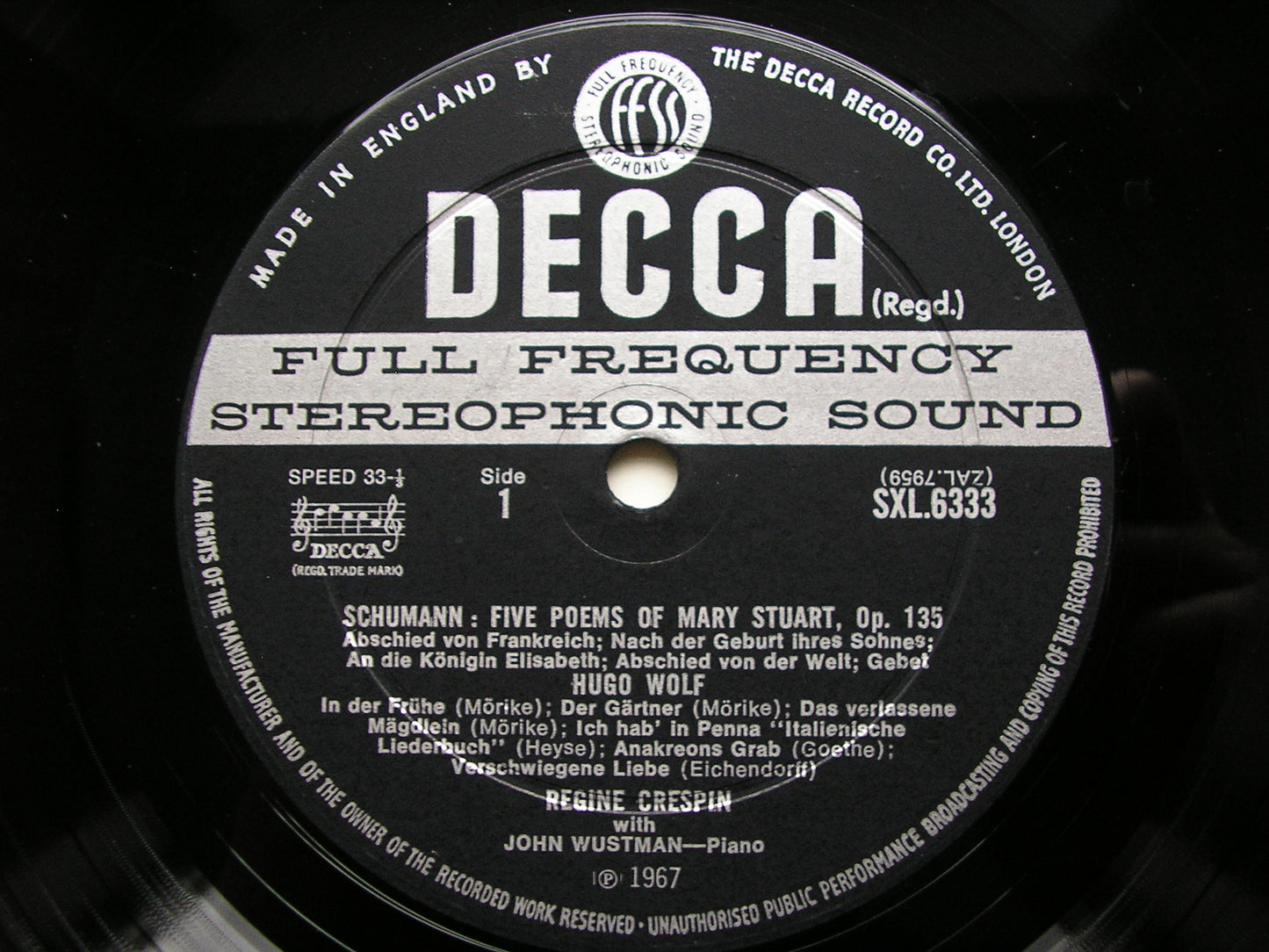 REGINE CRESPIN SONG RECITAL: POULENC / DEBUSSY / WOLF / SCHUMANN        CRESPIN / WUSTMAN      SXL 6333