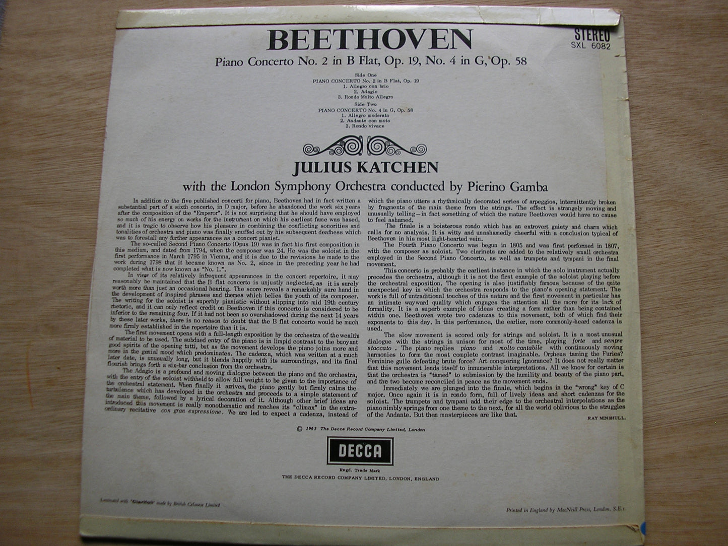 BEETHOVEN: PIANO CONCERTOS Nos. 2 & 4      KATCHEN / LONDON SYMPHONY / GAMBA    SXL 6082