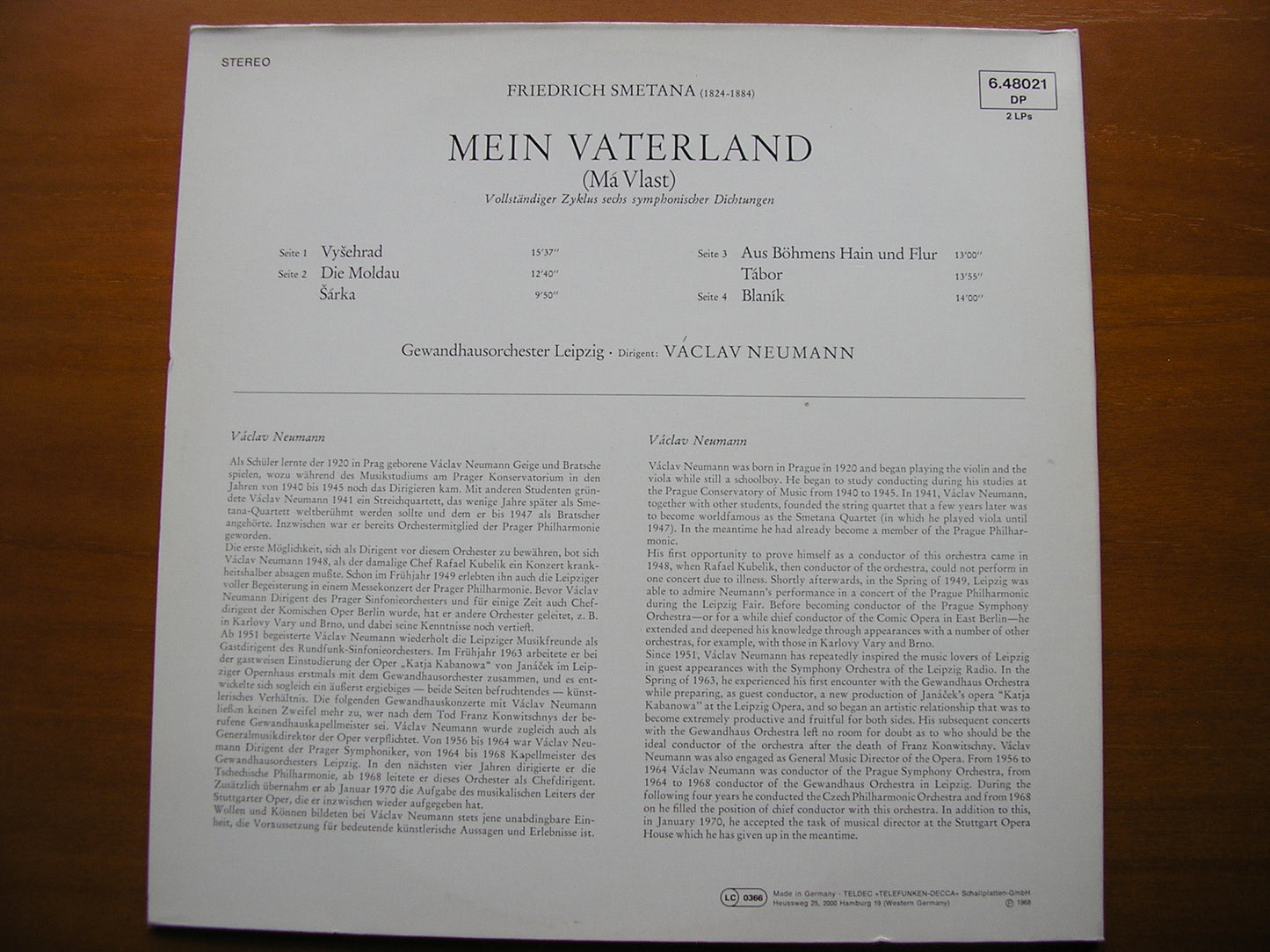 SMETANA: MA VLAST      LEIPZIG GEWANDHAUS ORCHESTRA / NEUMANN     2LP     6.48021